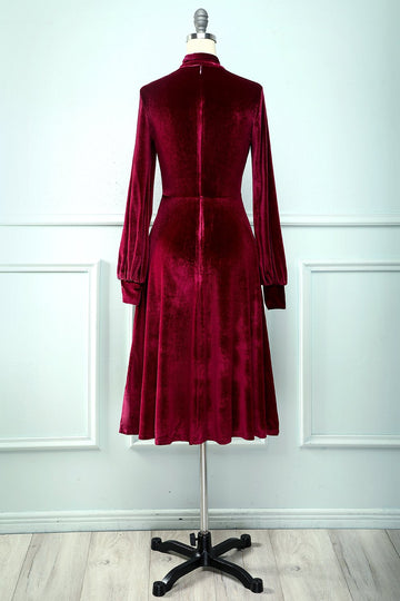 Dark Red Knee Long Velvet Party Dress